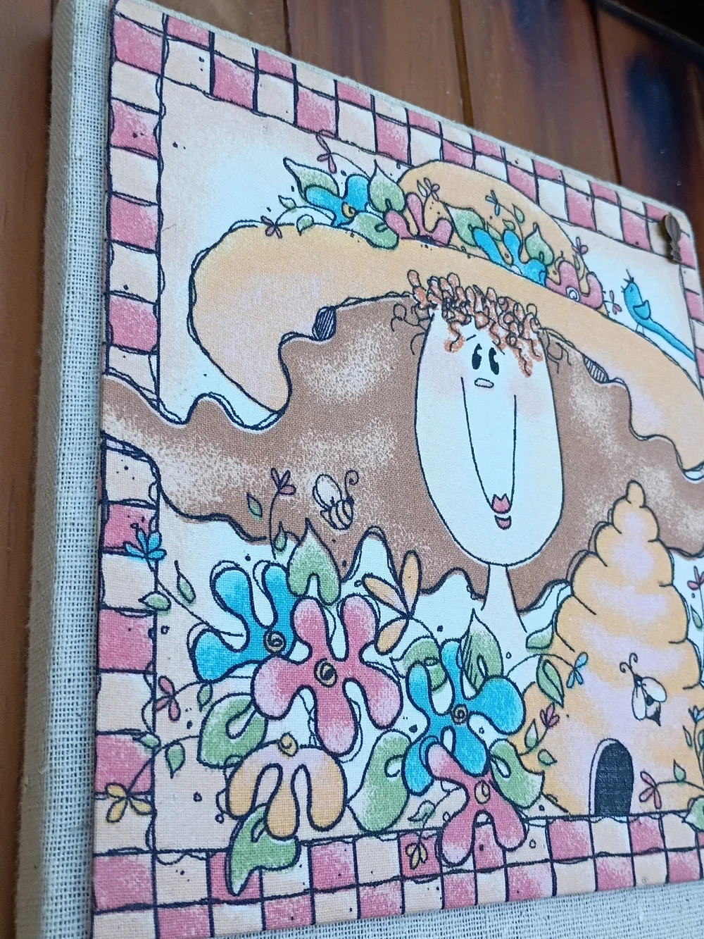 80s/90s Linen Memo Note Holder With Whimsical Gal And Magnetic Back